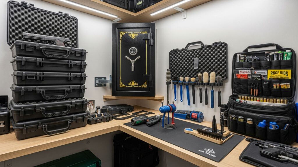 A well-organized gun room with a safe, pistol cases, and cleaning supplies