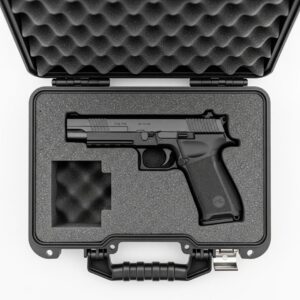 open hard-shell pistol case with foam perfectly cut to hold a pistol