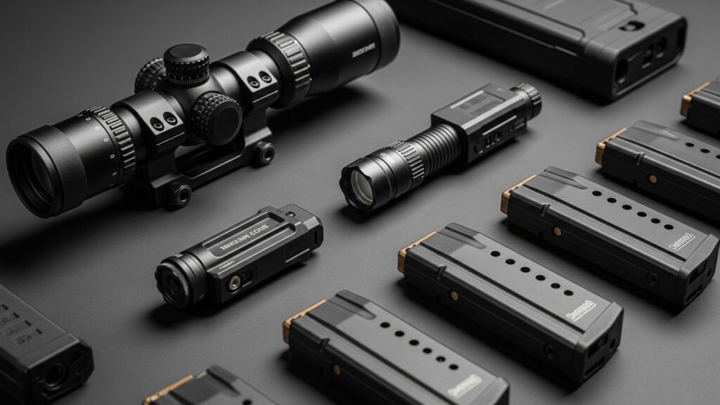 A collection of the best firearm products for 2025 arranged neatly on a tactical background
