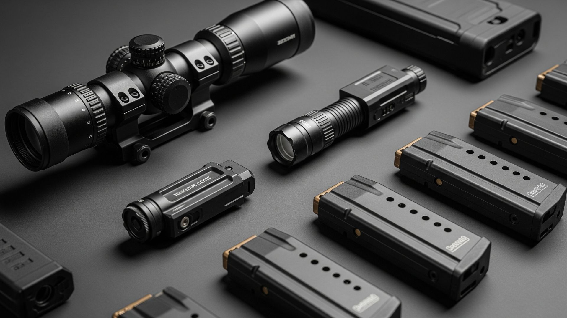 A collection of the best firearm products for 2025 arranged neatly on a tactical background
