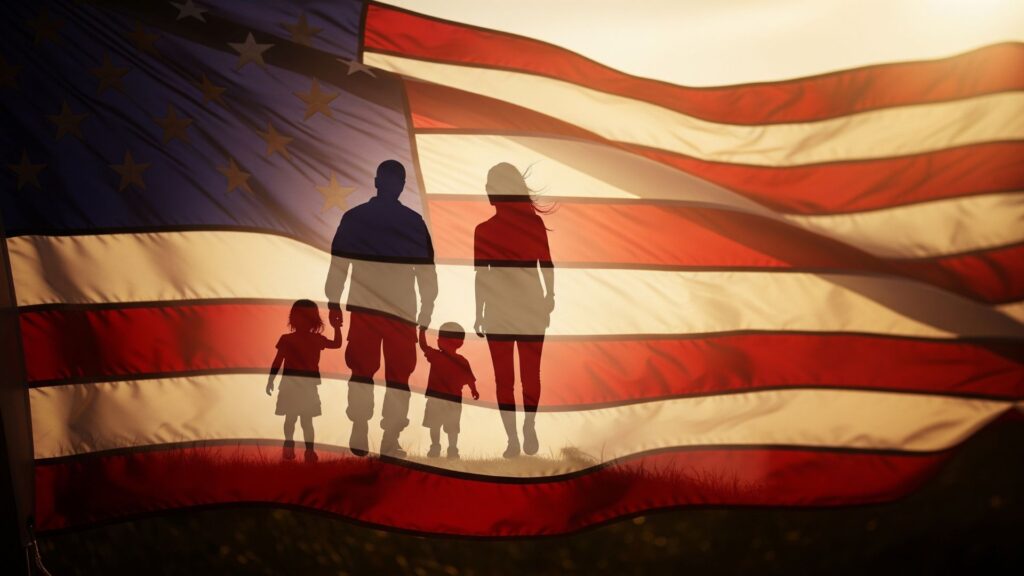 A stylized American flag with the silhouette of a family, representing patriotism and values