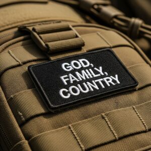 A close-up of a patch reading "God, Family, Country" on a tactical backpack
