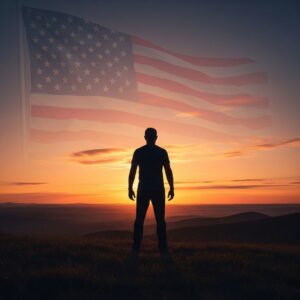 A silhouette of a person standing resolutely on a hill at sunrise, symbolizing patriotism and a bold commitment