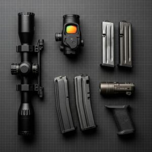 various gun accessories, including a scope, red dot sight, weapon light, and magazines
